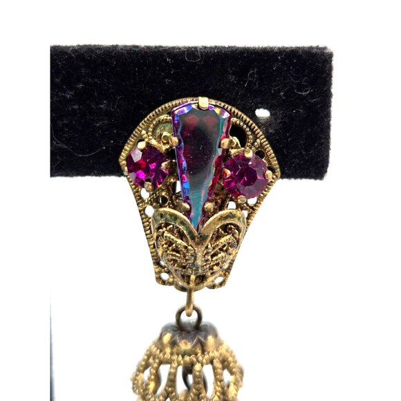 M. Haskell Attributed Unsigned Gold Filigree Dangle Clip Earrings 1940s 2.5 inch - Picture 5 of 7